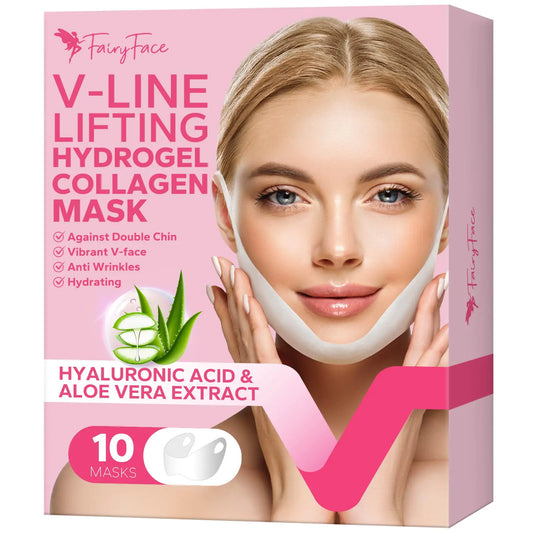 FairyFace V Line Lifting Mask 10 Count Double Chin Reducer Lifting Hydrogel Collagen Mask with Aloe Vera and Seaweed Hydrating