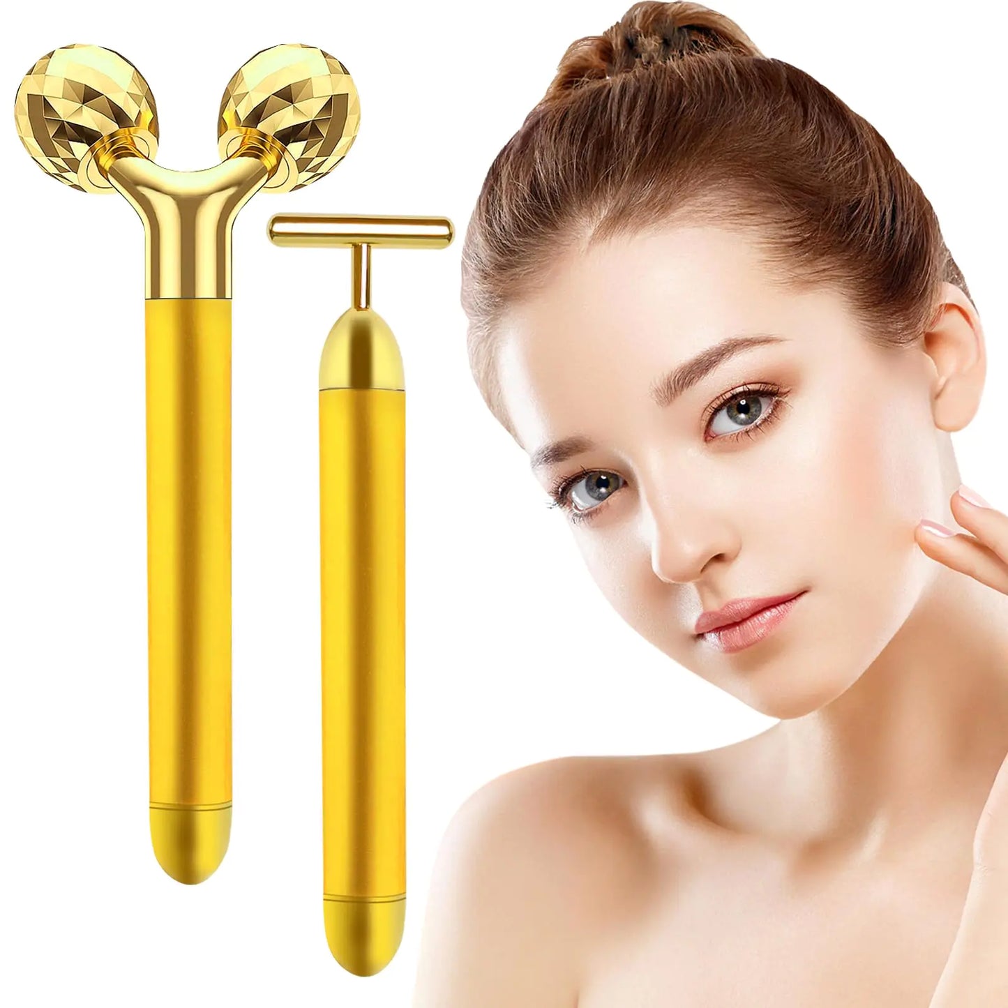 Face Massager Electric Skin Care Tool 24k Golden T Shape Beauty Bar & 3D Roller Massager Vibration Facial Lifting and Body Treatment Tool Kit Reduce Puffiness Improve Wrinkles Anti Aging Device