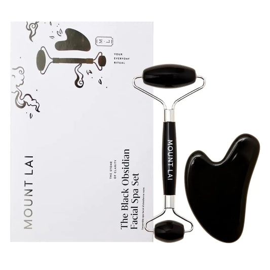 Mount Lai Black Obsidian Facial Spa Set Black Gua Sha Facial Tools Set and Roller Guasha Tool for Face to Relieve Muscle Tension and Reduce Puffiness