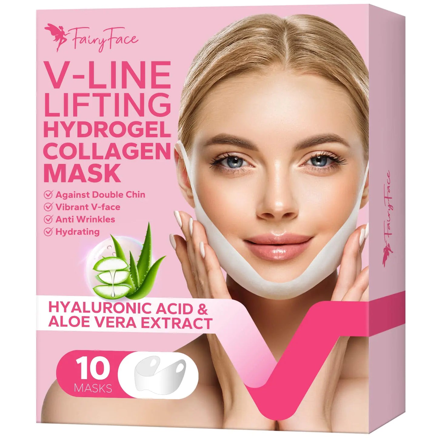 FairyFace V Line Lifting Mask 10 Count Double Chin Reducer Lifting Hydrogel Collagen Mask with Aloe Vera and Seaweed Hydrating
