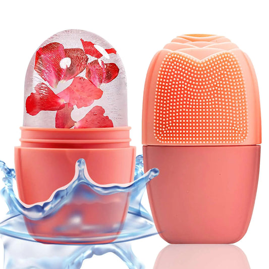 KOGITI Ice Mold for Face Ice Roller for Face & Eye Beauty Facial Ice Rollers Ice Holder Mold Face Puffiness Relief Massage Skin Care Tools Ice Facial Cube (Brush-Pink)