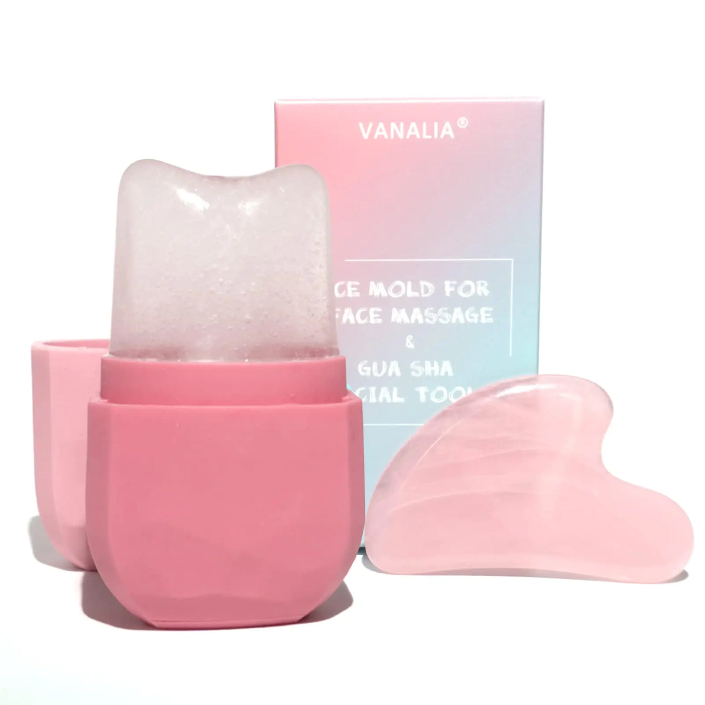 VANALIA Ice Roller and Gua Sha Set for Face Eyes and Neck - Skin Care Beauty Tools to Brighten Skin and Enhance Natural Glow (Pink)